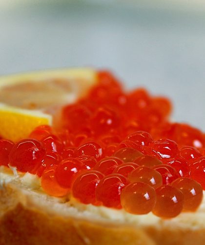 red caviar, seafood, a sandwich